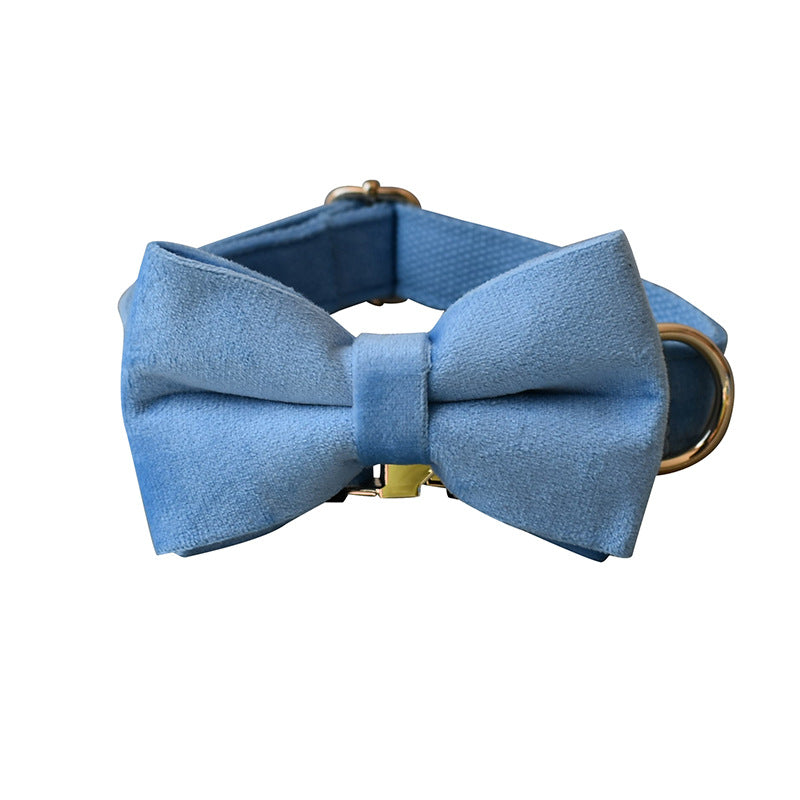 Dusty Blue Velvet Dog Collar and leash set with Bow Tie