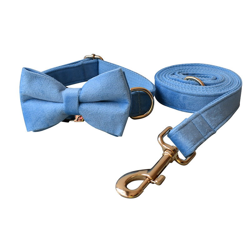 Dusty Blue Velvet Dog Collar and leash set with Bow Tie