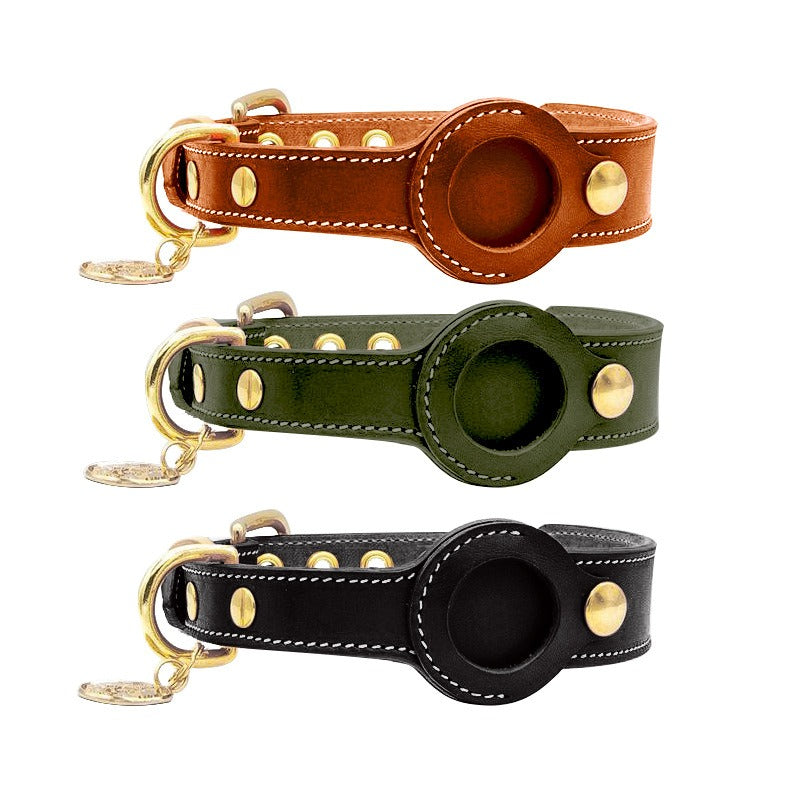 Leather dog collar with airtag holder