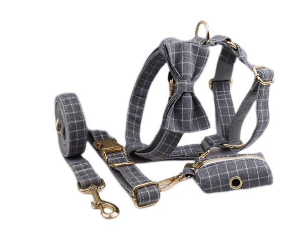 Chic Corduroy and Velvet Dog Walking Set: Leash, Collar, Bow, Harness & Poop Bag in Stylish Colors