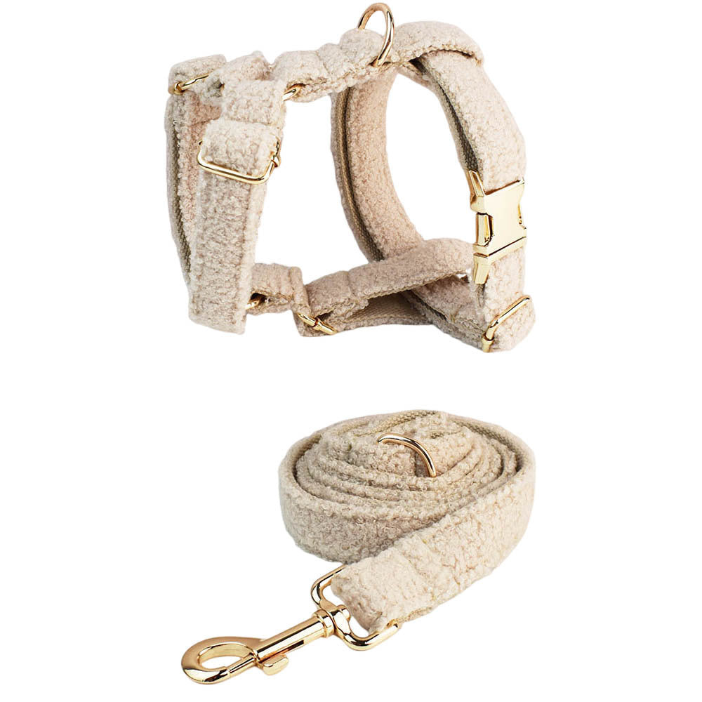 Cream Teddy Fleece Dog Harness, Collar & Lead Set