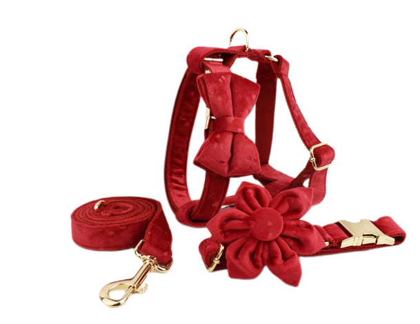 Chic Corduroy and Velvet Dog Walking Set: Leash, Collar, Bow, Harness & Poop Bag in Stylish Colors