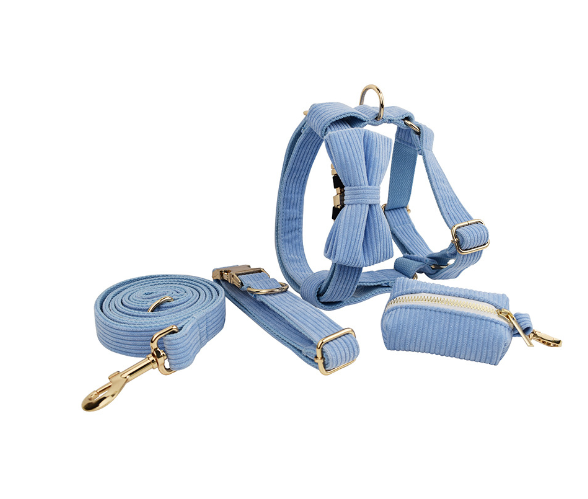 Chic Corduroy and Velvet Dog Walking Set: Leash, Collar, Bow, Harness & Poop Bag in Stylish Colors