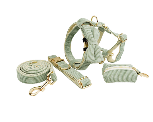 Chic Corduroy and Velvet Dog Walking Set: Leash, Collar, Bow, Harness & Poop Bag in Stylish Colors