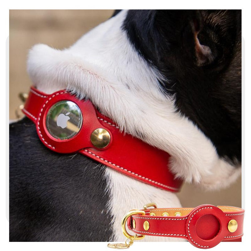 Leather dog collar with airtag holder