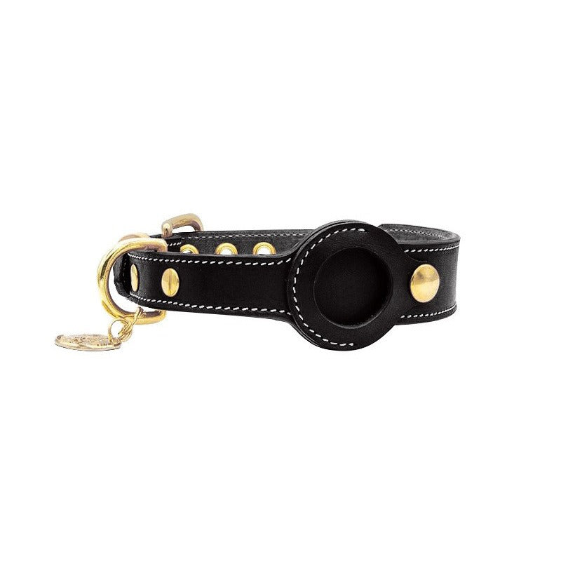 Leather dog collar with airtag holder