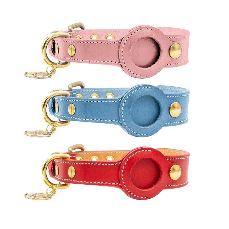 Leather dog collar with airtag holder