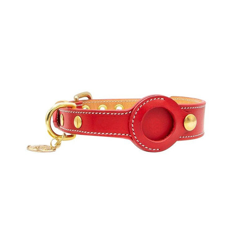 Leather dog collar with airtag holder