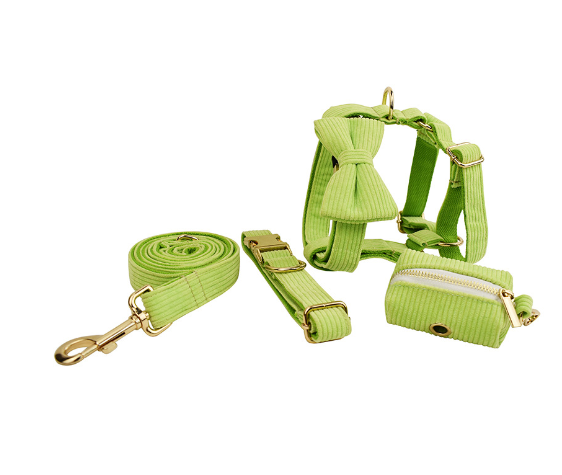 Chic Corduroy and Velvet Dog Walking Set: Leash, Collar, Bow, Harness & Poop Bag in Stylish Colors