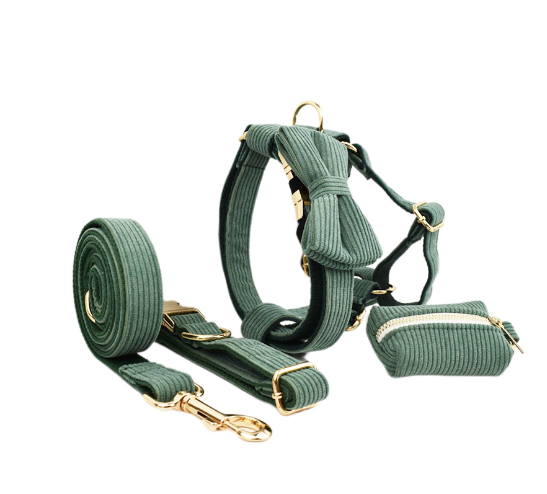 Chic Corduroy and Velvet Dog Walking Set: Leash, Collar, Bow, Harness & Poop Bag in Stylish Colors