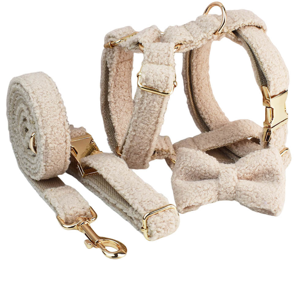 Cream Teddy Fleece Dog Harness, Collar & Lead Set