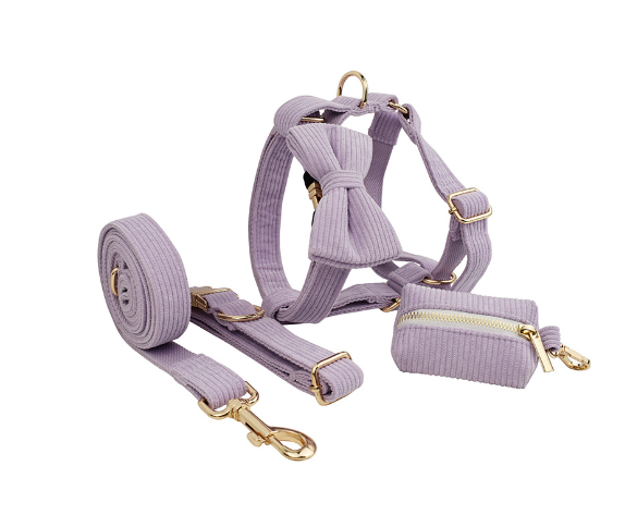 Chic Corduroy and Velvet Dog Walking Set: Leash, Collar, Bow, Harness & Poop Bag in Stylish Colors