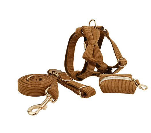 Chic Corduroy and Velvet Dog Walking Set: Leash, Collar, Bow, Harness & Poop Bag in Stylish Colors