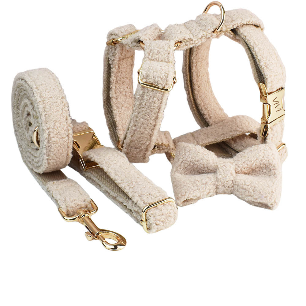 Cream Teddy Fleece Dog Harness, Collar & Lead Set