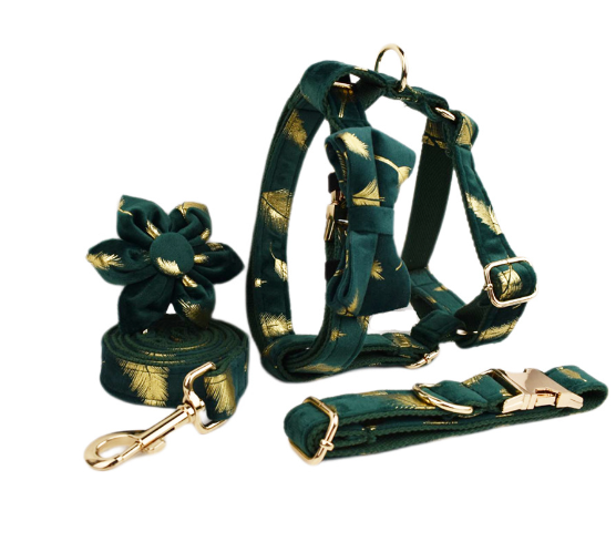 Chic Corduroy and Velvet Dog Walking Set: Leash, Collar, Bow, Harness & Poop Bag in Stylish Colors