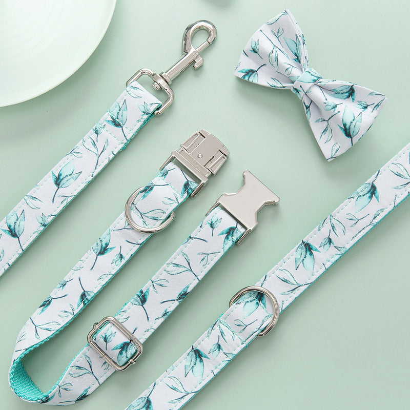 Personalized Adjustable Leaf Printed Dog Collar Leash Set with Bow Tie