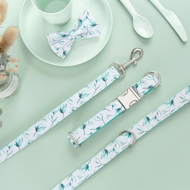 Personalized Adjustable Leaf Printed Dog Collar Leash Set with Bow Tie