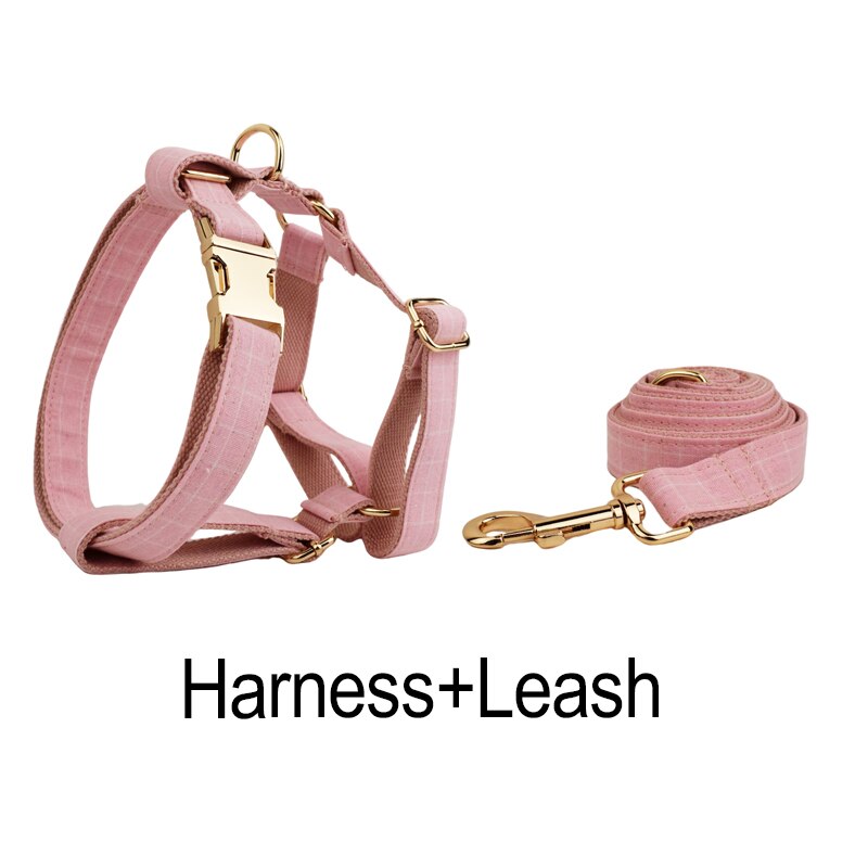 Pink Plaid Dog Collar, Harness and Leash Set Personalised Laser Engraving