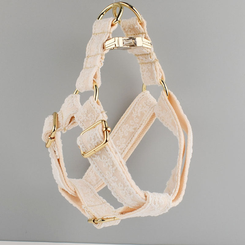 Vintage White Lace Dog Wedding Collar, Harness Leash Set With Gold detail