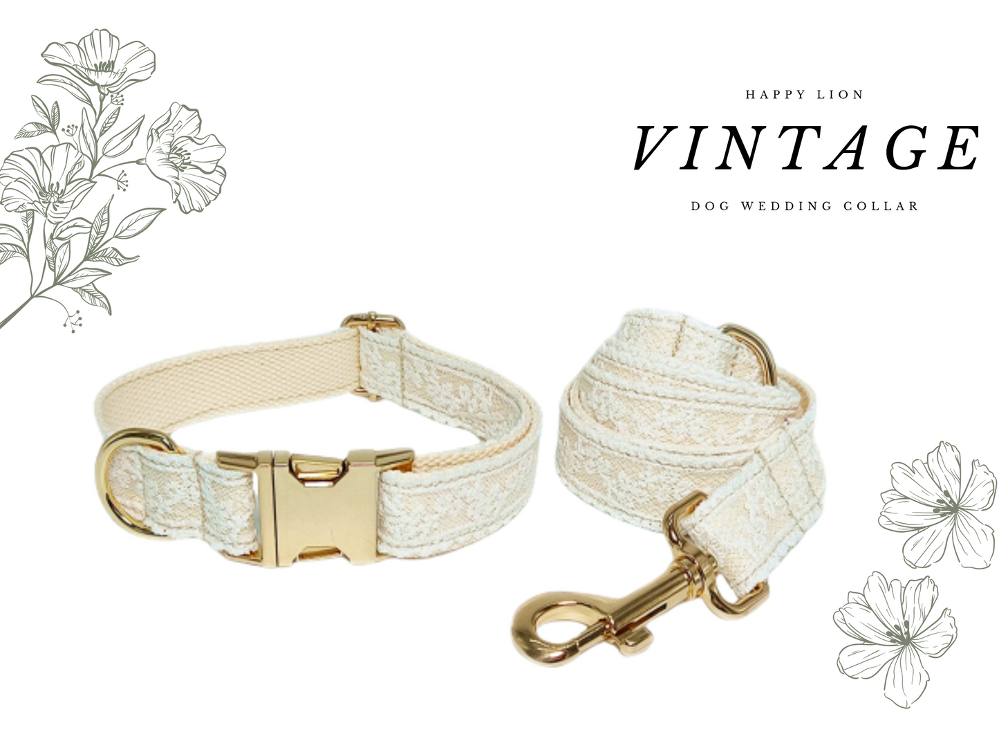 Vintage White Lace Dog Wedding Collar, Harness Leash Set With Gold detail