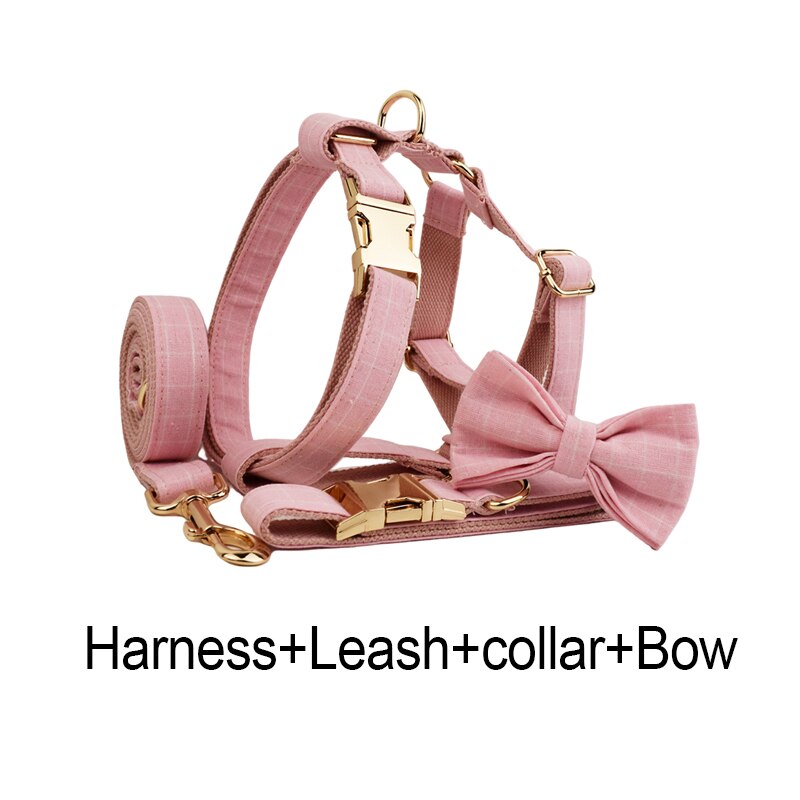 Pink Plaid Dog Collar, Harness and Leash Set Personalised Laser Engraving