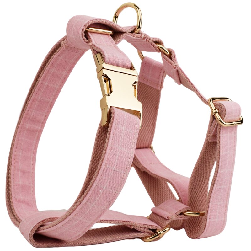 Pink Plaid Dog Collar, Harness and Leash Set Personalised Laser Engraving